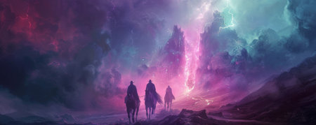 A mystical portrayal of the Four Horsemen of the Apocalypse emerging from a rift in the sky, their horses glowing with an otherworldly light. The background is a twilight landscape with eerie, unnatural colors.の素材