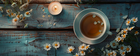 A serene tea background with a cup of chamomile tea, fresh chamomile flowers, and a small candle on a wooden tableの素材