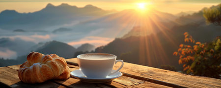 A serene coffee background with a beautiful sunrise view, a cup of coffee, and a freshly baked pastry on an outdoor table, creating a peaceful morning sceneの素材