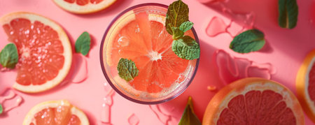 A refreshing fresh juice background featuring a glass of grapefruit juice, garnished with grapefruit slices and mint leaves, set against a bright pink backdropの素材