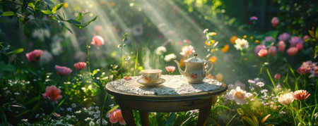 A garden tea background with a tea set placed on a small table in a blooming garden, surrounded by flowers and greenery, with the sunlight streaming throughの素材