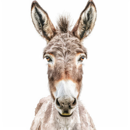 A gentle donkey with a kind expression, rendered in soft watercolor shades, beautifully isolated on a pristine white backgroundの素材