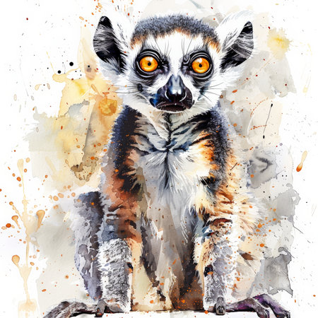 A curious lemur with big eyes, illustrated in lively watercolor hues, beautifully isolated on a pristine white backgroundの素材