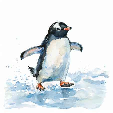 A playful penguin sliding on ice, depicted in whimsical watercolor illustrations, beautifully isolated on a pristine white backgroundの素材