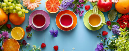 A vibrant tea background with a selection of fruit teas in colorful cups, surrounded by fresh fruits and a bright floral arrangementの素材