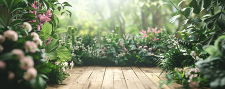 Garden party wedding mockup card background with lush green foliage, blooming flowers, and a touch of rustic wood. Soft sunlight filtering through adds a warm, inviting feel.の素材