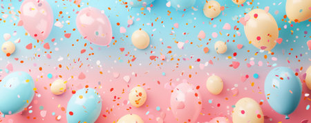 Whimsical wedding mockup card background with a playful confetti pattern in vibrant colors. Delicate pastel-colored balloons add a festive touch.の素材