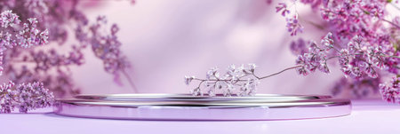 Elegant silver product display podium on a soft lavender background: Refined and delicate, perfect for fine jewelry or beauty products, the silver podium and lavender background create a sophisticated and calming atmosphereの素材