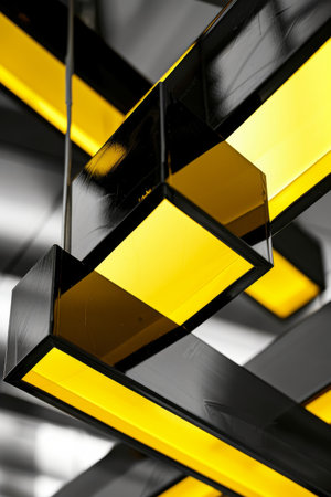 Polished black metal with reflective yellow highlights: Industrial and dynamic, ideal for tech showcases or modern product displays, the black metal and yellow highlights create a powerful and sleek lookの素材