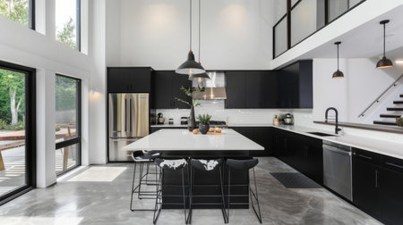 Sleek modern kitchen with a minimalist black and white theme. Black cabinets, white countertops, and stainless steel appliances. Large island with seating, minimalist lighting fixtures, and polished concrete floors.の素材
