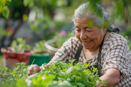 a Hispanic retired woman taking care of her herb gardenの素材