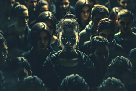 A fierce and angry woman stands out in a dystopian crowd, her unique leadership and individuality shining through. This 3D illustration highlights her role as a beacon of rebellion and strength in a dark, oppressive society, symbolizing hope and resistance.の素材