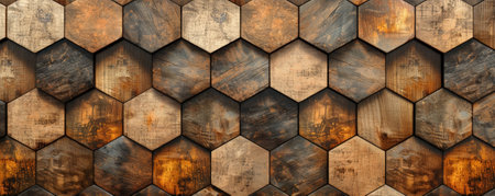 Abstract hexagon geometry background with a wood texture. The hexagons are in shades of brown and beige, with a natural, grainy pattern. The design is warm and rustic, perfect for an earthy and organic theme.の素材