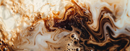 Iced coffee latte background showing a close-up of the coffee and milk swirling together in the glass. The rich colors and intricate details create a visually appealing and refreshing scene.の素材