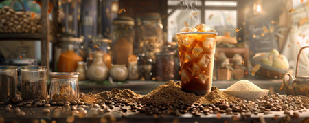 Iced coffee latte background showcasing a bustling market scene. The iced coffee is placed on a table with various coffee beans and spices, capturing the vibrant and lively atmosphere.の素材