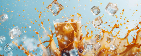 Iced coffee latte background with a refreshing design of iced coffee splashes and ice cubes in mid-air. The backdrop is a vibrant, light blue, evoking a cool and energizing atmosphere.の素材
