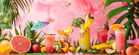 Summer vacation concept on a pink background highlighting a tropical drink bar. Colorful cocktails, fresh fruits, and a bamboo bar setup are surrounded by lush greenery and pink hues, evoking a beachside paradise.の素材