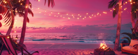 Summer vacation concept on a pink background with a festive beach party. String lights, a bonfire, music, and friends enjoying the evening, all framed by bright pink hues, capture the joy and excitement of summer nights.の素材