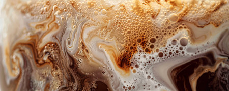 Iced coffee latte background showing a close-up of the coffee and milk swirling together in the glass. The rich colors and intricate details create a visually appealing and refreshing scene.の素材
