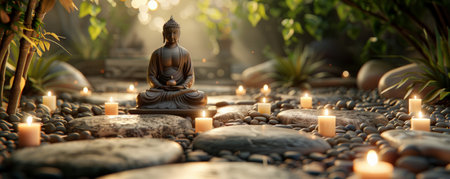 A calming spa background featuring a zen garden with smooth pebbles, a small Buddha statue, and a soft glow from surrounding candles. The colors are neutral and earthy.の素材