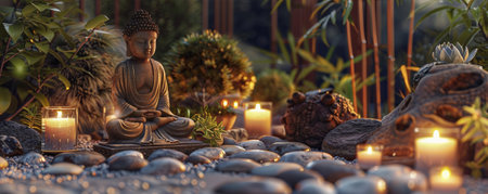 A calming spa background featuring a zen garden with smooth pebbles, a small Buddha statue, and a soft glow from surrounding candles. The colors are neutral and earthy.の素材