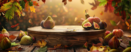 A rustic fruit podium scene with a wooden podium surrounded by autumnal fruits like pears, apples, and figs. The background includes warm, earthy tones and autumn leaves.の素材