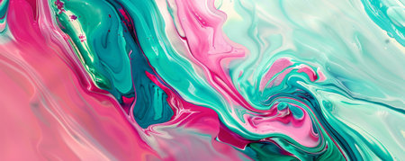 Abstract art background with a vibrant mix of pink, green, and blue. The design is playful and dynamic, with fluid shapes and bold contrastsの素材