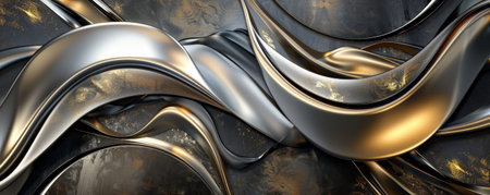 Contemporary art background featuring metallic gold and silver accents on a dark background. The design is sleek and luxurious, with intricate patterns and glossy texturesの素材