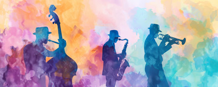 Chill jazz music background with soft pastel tones and watercolor textures. Silhouettes of musicians create a relaxed and dreamy atmosphere.の素材
