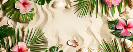 Mockup card birthday background showing a tropical design, with green palm leaves, pink hibiscus flowers, and a white card, set against a backdrop of sandy texture and seashells, creating a beachy and fun vibeの素材