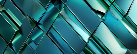Modern abstract background in shades of blue and green, with geometric patterns and metallic accents. The texture is sleek and glossy, creating a sophisticated, high-tech appearanceの素材