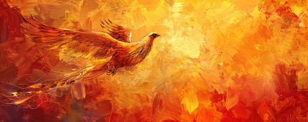 Phoenix bird background in a vibrant sunset scene, with the bird's golden and crimson feathers blending into the hues of the sky. The bird soars majestically with a trail of flames behind itの素材