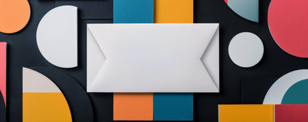 Mockup card birthday background featuring a modern geometric design, with bold shapes in bright colors, a white card with clean lines, and a contrasting black background, creating a trendy and stylish lookの素材
