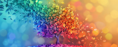 Pride LGBT background featuring a rainbow-colored tree with vibrant leaves, symbolizing growth and diversityの素材