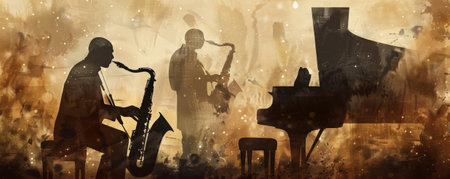 Smooth jazz music background with warm sepia tones and a subtle grainy texture. Silhouettes of musicians playing saxophones and pianos create a nostalgic feel.の素材