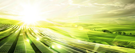 Solar energy background with vibrant green fields and solar panels reflecting the sunlight. The design showcases the harmony between nature and renewable energy.の素材