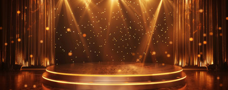 Winner award podium background with a bronze podium and rich brown backdrop, accented with golden highlights and soft spotlighting, creating a warm and prestigious ambianceの素材