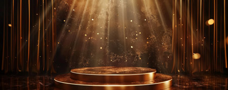 Winner award podium background with a bronze podium and rich brown backdrop, accented with golden highlights and soft spotlighting, creating a warm and prestigious ambianceの素材