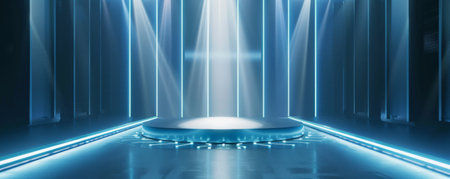 Winner award podium background featuring a brushed metal podium with a matte finish, surrounded by blue and white LED lights, giving a contemporary and sophisticated lookの素材