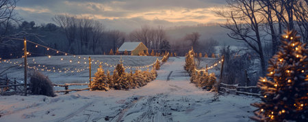 A Christmas tree farm with rows of trees, twinkling lights, and snow-covered ground.の素材