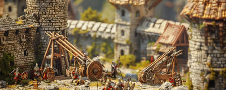 A medieval siege scene with wooden catapults and stone walls.の素材