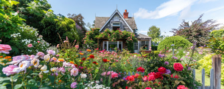 A picturesque cottage garden in full bloom with roses, lilies, and a clear sky.の素材