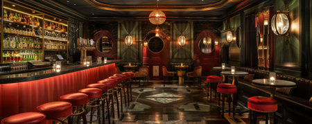 A 1920s speakeasy with dim lighting and art deco decor.の素材