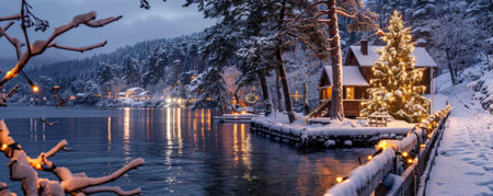 A peaceful lakeside scene with a decorated tree, twinkling lights, and snow-covered trees.の素材