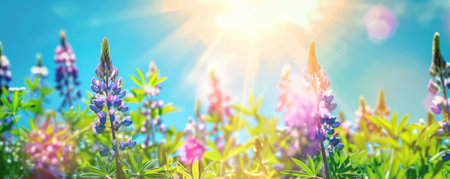 Fresh spring background with a meadow of lupines, bright sunshine, and a clear blue sky.の素材