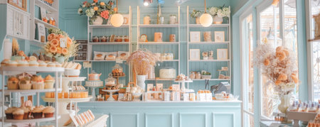 Cozy shop background with pastel-colored walls, soft lighting, and charming displays.の素材