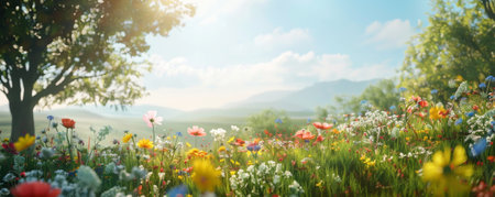 Enchanting spring background with a meadow of wildflowers, dappled sunlight, and a clear sky.の素材