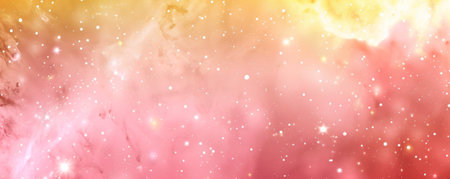 Soft space background with gentle pink and yellow hues, scattered stars, and light nebulae.の素材