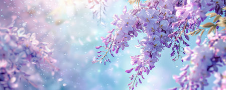 Whimsical spring background with blooming wisteria, soft purple flowers, and a light blue sky.の素材