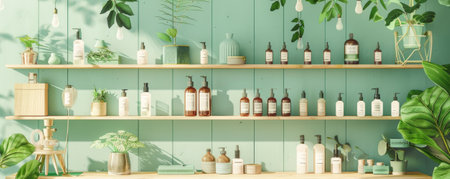 Organic shop background with natural wood elements, potted plants, and eco-friendly products.の素材